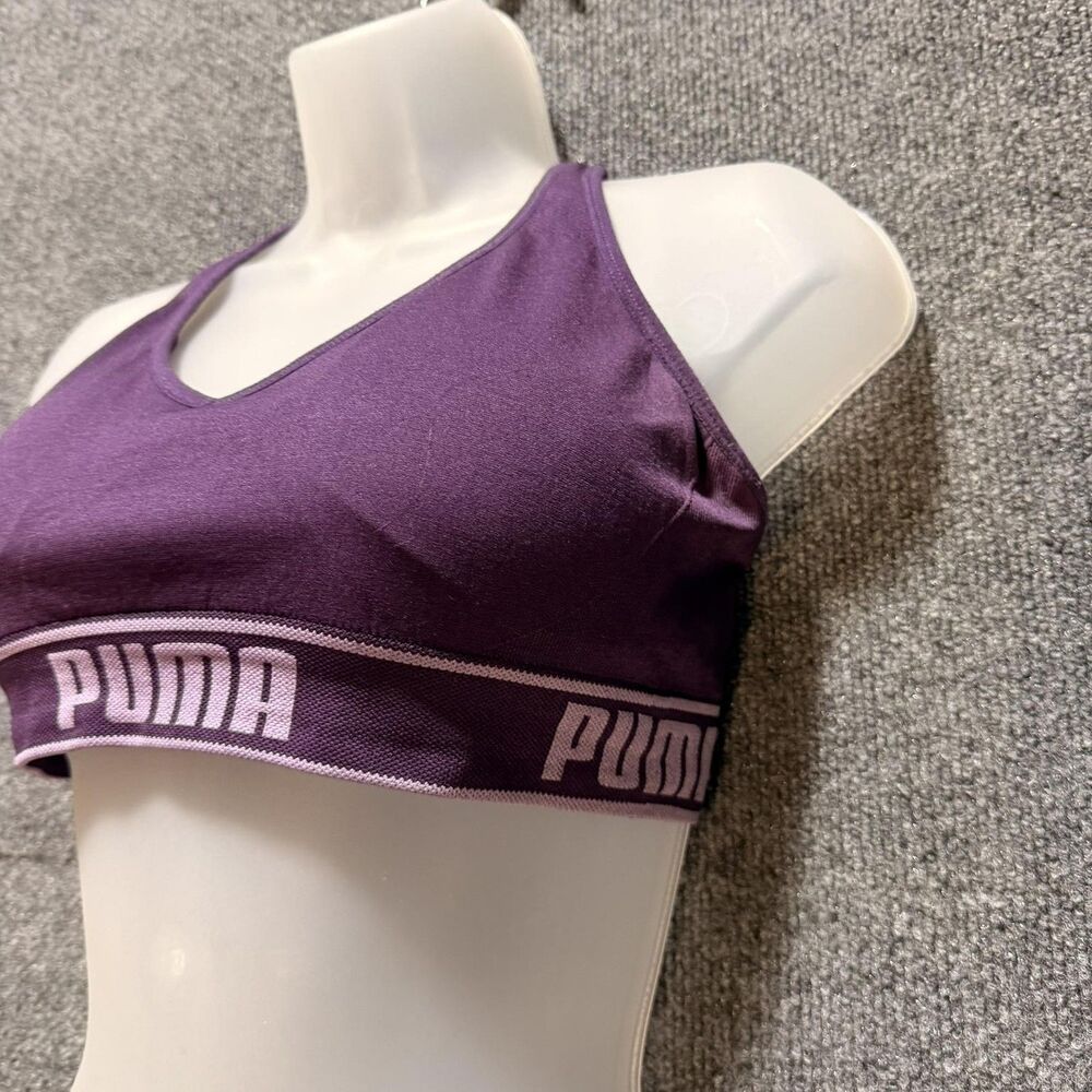 PUMA Sports Bra Womens Small Purple Crossback Logo Elastic Pullover Top Athletic - Picture 2 of 4